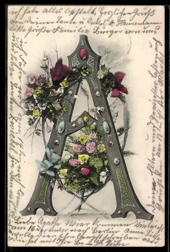 AK Verzierter Buchstabe A mit Blumenstrauss