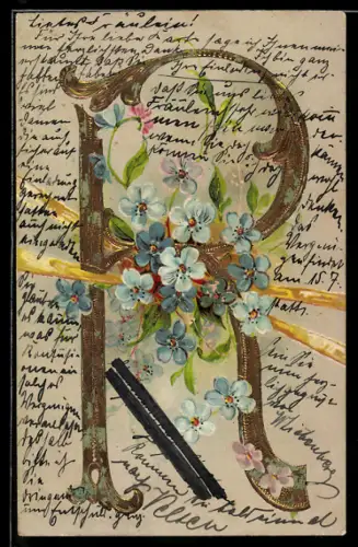 Präge-AK Buchstabe R mit Vergissmeinnicht