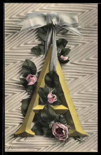 AK Buchstabe A mit Rosen und Schleife