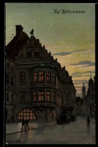 Künstler-AK Münchner Hofbräuhaus in Abendstimmung