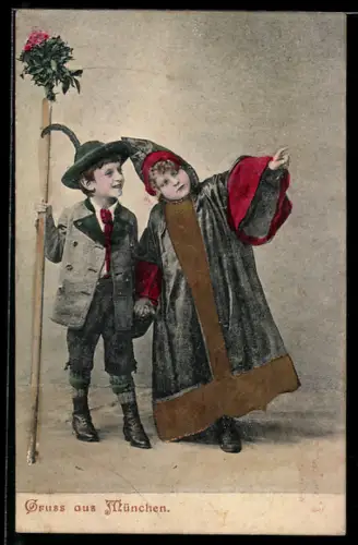 AK Münchner Kindl weist einem anderen Kind den Weg