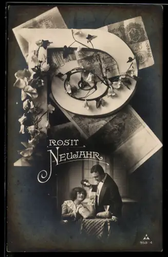 AK Geschmückter Buchstabe P, Geldscheine, Feierndes Liebespaar mit Geld, Neujahrsgruss