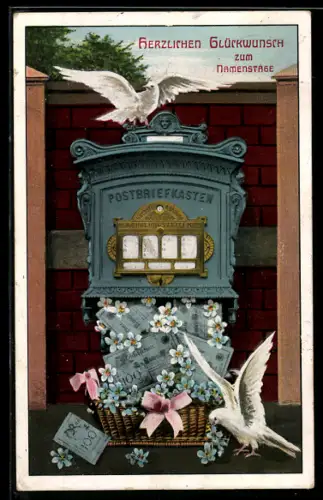 AK Briefkasten schüttet Geldscheine aus, Tauben, Namenstagsgruss