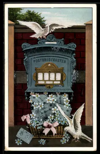 AK Briefkasten schüttet Geldscheine aus, Tauben, Vergissmeinnicht