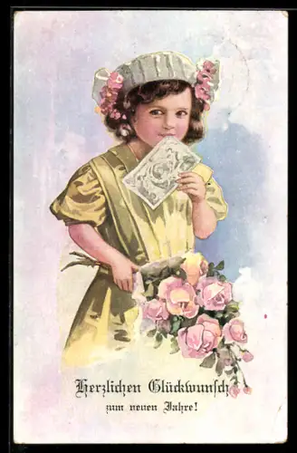 AK Mädchen mit Ansichtskarte und Blumenstrauss in Händen