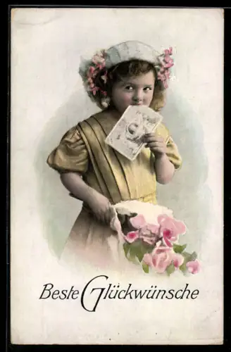 AK Mädchen knabbert an einem Geldschein, Beste Glückwünsche!