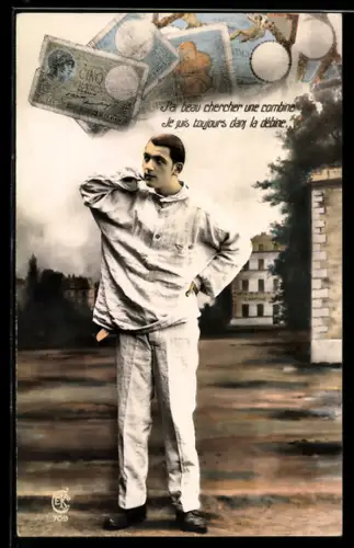 AK J`ai beau chercher..., Junger Mann in Unterkleidung, Geldscheine