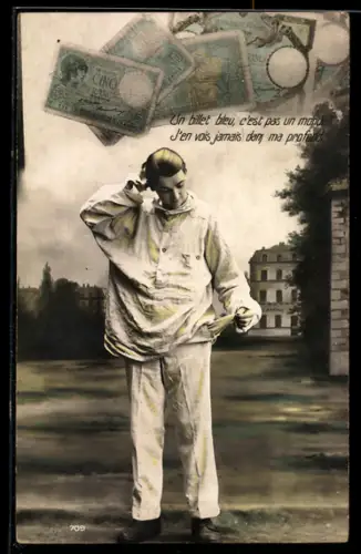 AK Un billet bleu..., Junger Mann mit leerer Tasche, Geldscheine