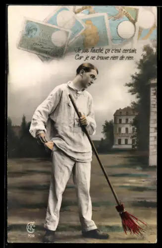 AK Je suis fauché, ca c`est certain..., Mittelloser junger Mann verdingt sich als Strassenfeger, Geldscheine