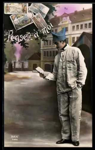 AK Französischer Soldat mit Geldscheinen, Pensez à moi