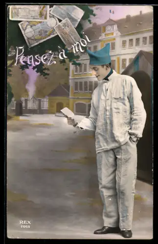 AK Französischer Soldat mit Geldscheinen, Pensez à moi