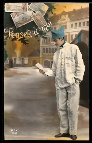 AK Französischer Soldat mit Geldscheinen, Pensez à moi