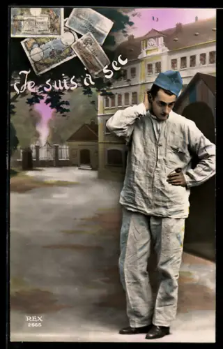 AK Je suis à sec, Soldat ist pleite und ratlos, Geldscheine