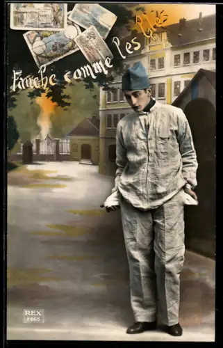 AK Fauche comme les blés, Soldat zeigt leere Hosentaschen, Geldscheine