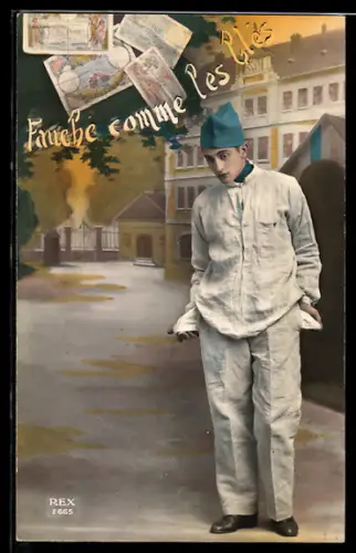 AK Fauche comme les blés, Soldat zeigt leere Hosentaschen, Geldscheine
