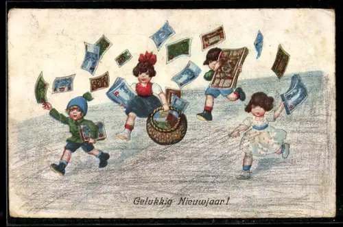 Künstler-AK Kinder werfen Geldscheine