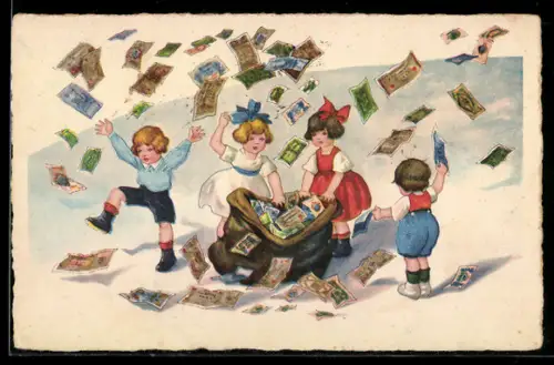 AK Kinder lassen Geldscheine fliegen