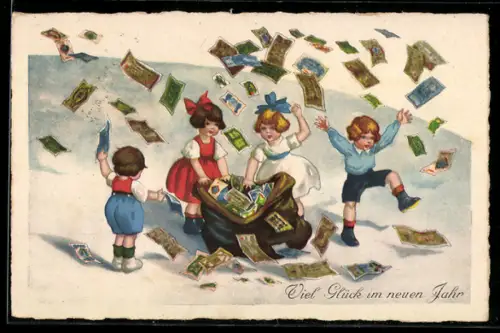 AK Kinder werfen Geldscheine in die Luft, Neujahrsgruss