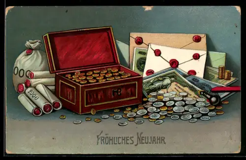 AK Koffer mit Münzen, Geldscheine u. -säcke, Versiegelte Briefe, Neujahrsgruss