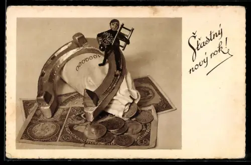 AK Geldscheine, Münzen, Hufeisen u. Schornsteinfeger, Neujahrsgruss