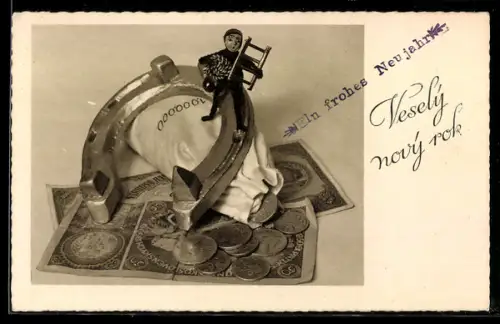 AK Geldscheine, Münzen, Hufeisen u. Schornsteinfegerfigur, Neujahrsgruss