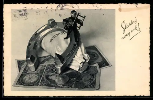 AK Geldscheine, Münzen, Hufeisen u. Schornsteinfeger, Stilleben, Neujahrsgruss