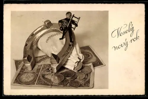 AK Geldscheine, Münzen, Hufeisen, Schornsteinfeger, Neujahrsgruss