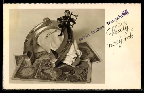 AK Geldscheine, Sack mit Münzen, Hufeisen u. Schornsteinfeger, Neujahrsgruss