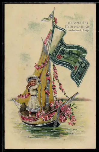 AK Mädchen im Blumenboot mit Geldschein-Segel