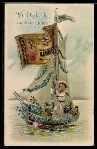 AK Matrose auf Segelboot mit Geldschein als Fahne, Neujahrsgruss