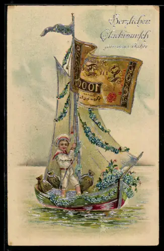AK Reichsbanknote 1000 Mark am Mast von blumengeschmücktem Segelboot, Neujahrsgrüsse