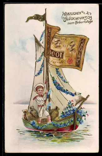 AK Reichsbanknote 1000 Mark am Mast von blumengeschmücktem Segelboot, Geburtstagsgrüsse