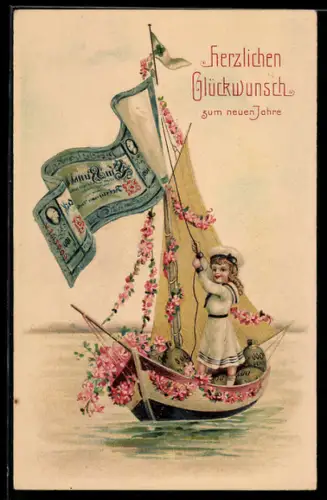 AK Reichsbanknote 100 Mark am Mast von blumengeschmücktem Segelboot, Mädchen an Bord, Geld