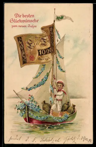 AK Reichsbanknote 1000 Mark am Mast von blumengeschmücktem Segelboot, Geldsäcke an Bord