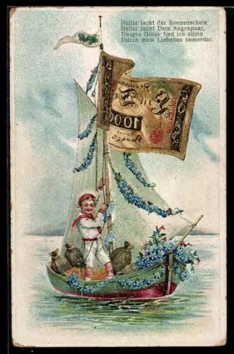 AK Matrose im Boot mit einem Geldschein als Segel, Glückwunsch zum Namenstag