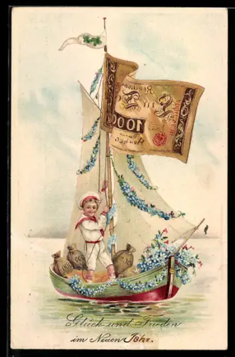 AK Reichsbanknote 1000 Mark am Mast von Segelboot, Geldsäcke an Deck, Neujahrsgrüsse