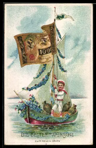 AK Reichsbanknote 1000 Mark am Mast von Segelboot, Geldsäcke an Bord, Neujahrsgrüsse