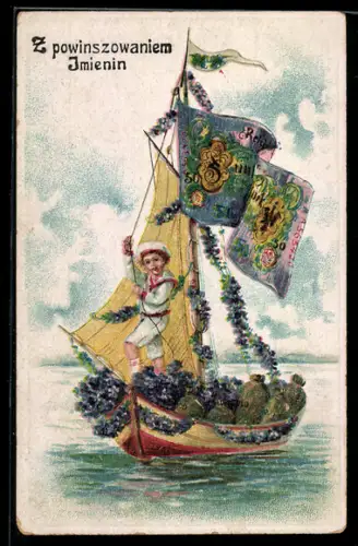 AK Reichsbanknote 50 Mark am Mast von Segelboot, Geldsäcke an Bord, Gruss zum Namenstage