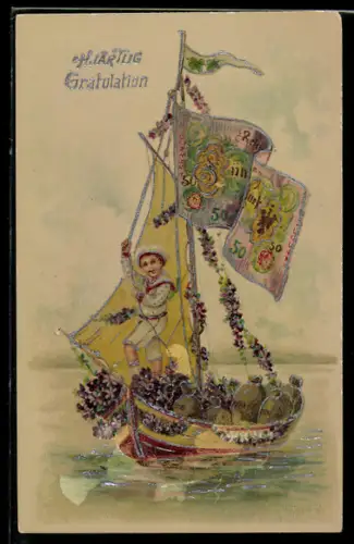 AK Kleiner Segler mit Geldsäcken und Geldschein als Segel