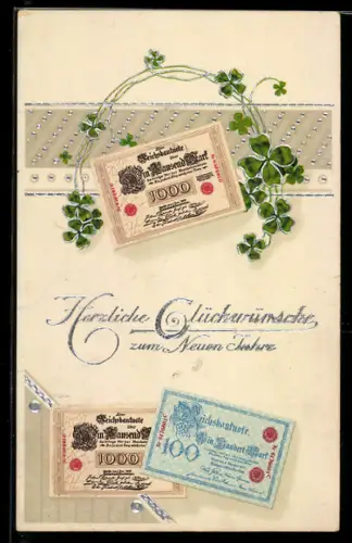 AK Reichsbanknoten über 100 und 1000 Mark, Kleeblätter, Geld