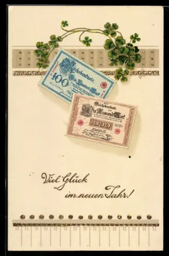 AK Zwei Geldscheine über 100 und 1000 Mark, Kleeblätter