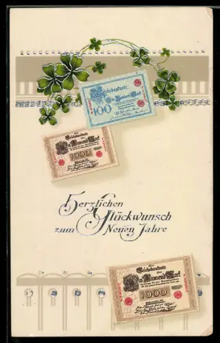 AK Geldscheine und Glücksklee, Glückwunsch zum neuen Jahr