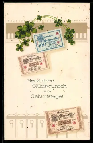 AK Geldscheine mit Kleeblättern, Neujahrsgruss