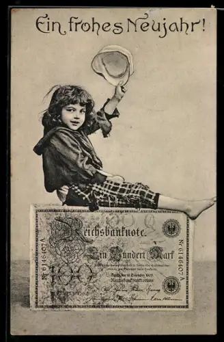 AK Mädchen sitzt auf Geldschein zu 100 Mark, Neujahrsgrüsse
