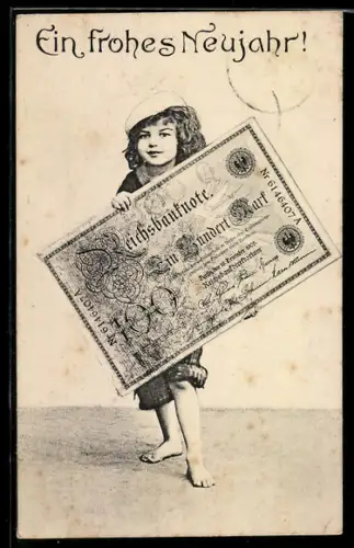AK Kind trägt Reichsbanknote zu 100 Mark, Neujahrsgrüsse, Geld