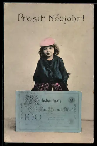 AK Mädchen mit Reichsbanknote zu 100 Mark, Neujahrsgrüsse, Geld