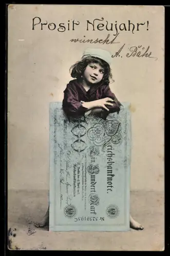 AK Kind mit Reichsbanknote zu 100 Mark, Neujahrsgrüsse, Geld
