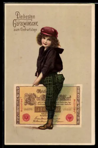 AK Kleiner Junge mit Geldschein, Geburtstagsgruss