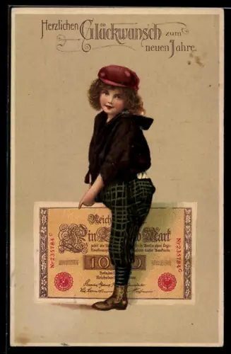 AK Neujahrsgruss, Mädchen in Hosen mit Geldschein