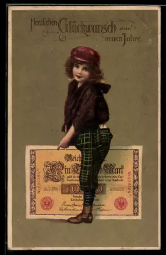 AK Kind mit einem Geldschein, Neujahrsgruss